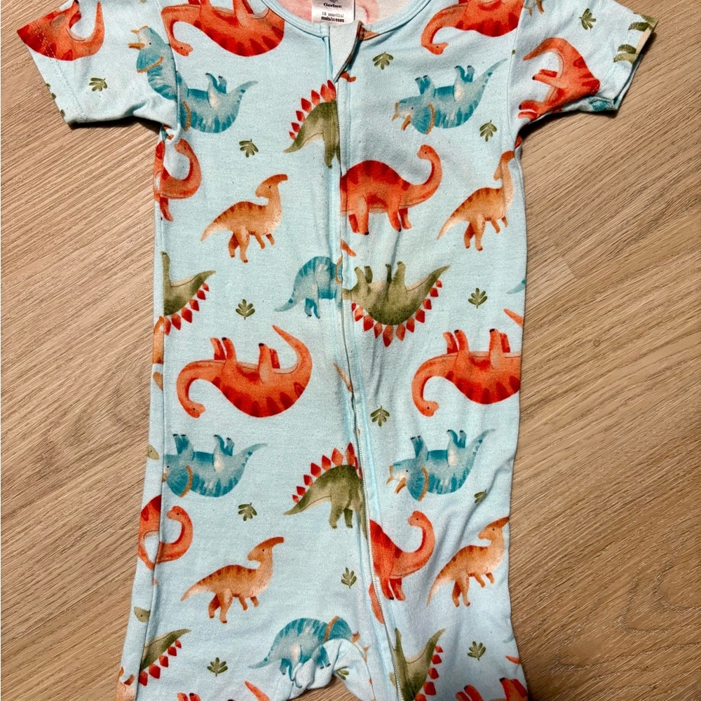 Gerber Light Blue Dinosaur Print Zip Romper with Orange and Green Dinosaurs